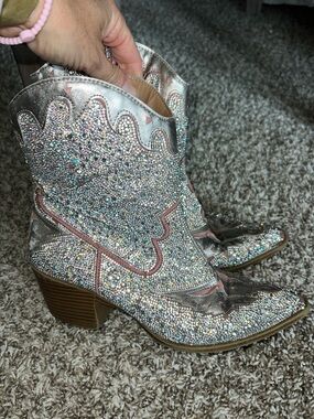 Wild Pair Silver Rhinestone Western Ankle Boots